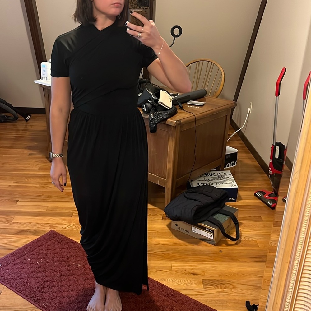 Carven mock neck black jersey and silk dress